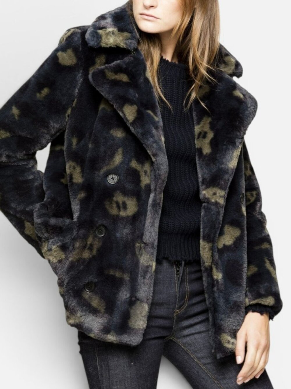 Zadig & Voltaire Miles Leo Faux Fur Leopard Coat Black Taupe Size S